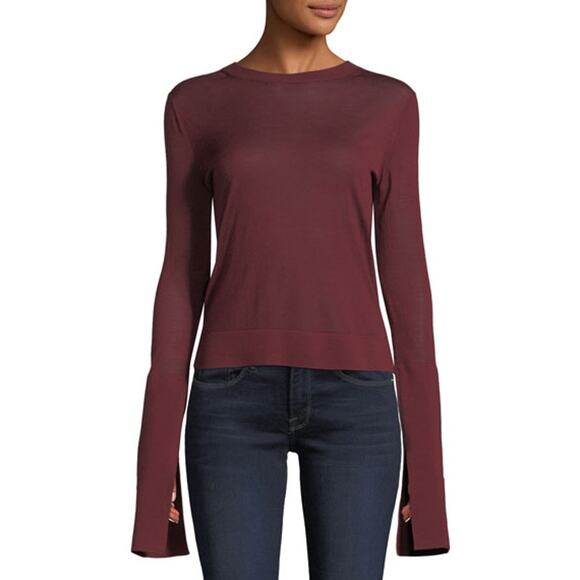 Theory Opaque Cuff Crew Eaglet Knit Merino Wool Top Maroon Small New - Picture 1 of 8